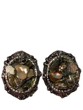 Chunky Oval Gemstone & Shell Mosaic Style Clip On Earrings Silver Tone